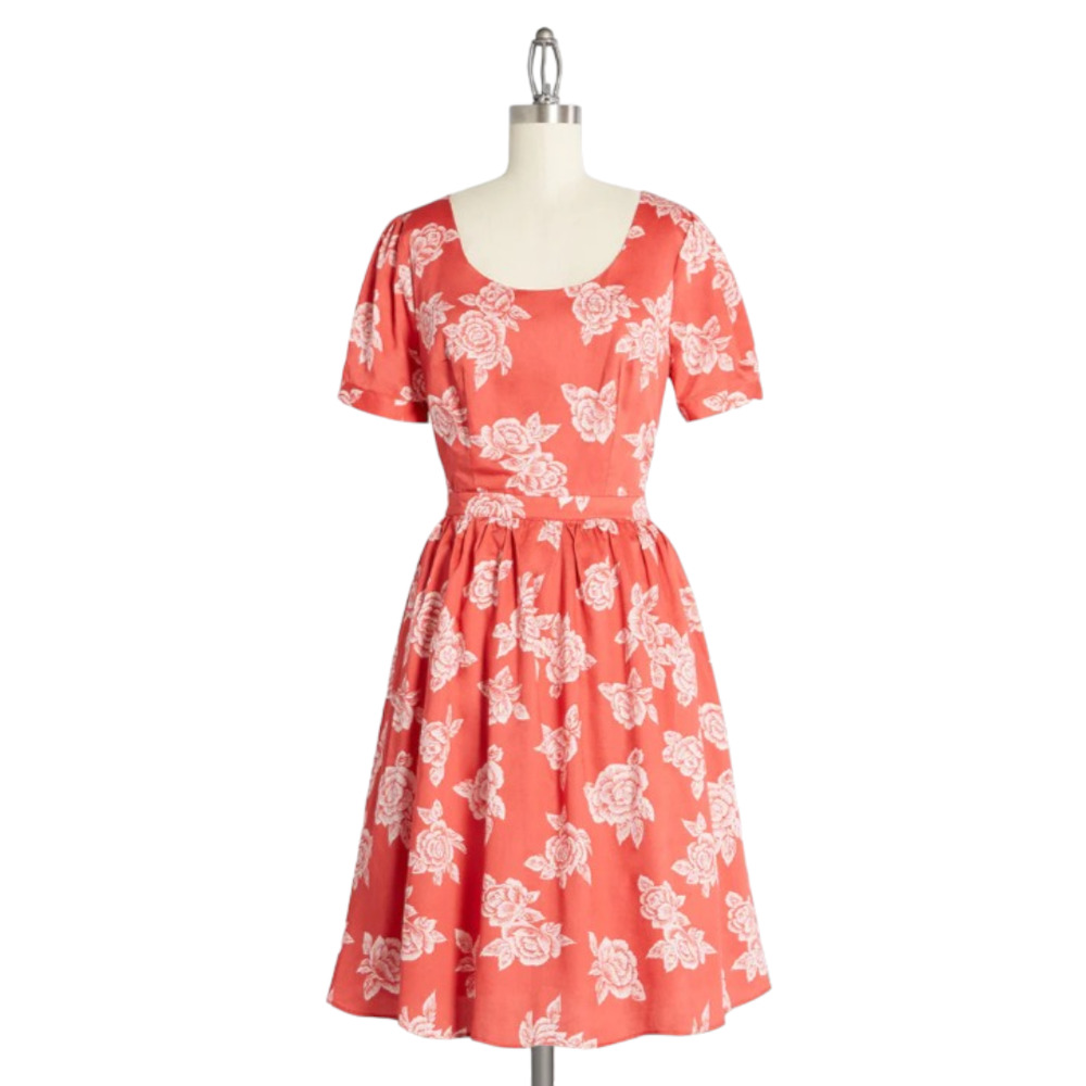 ModCloth Red White Floral Print What's The Scoop A-Line Fit & Flare Dress 1X